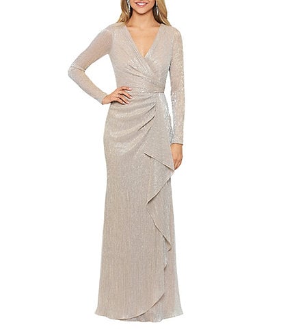 Betsy & Adam Metallic Knit V-Neck Long Sleeve A-Line Gown