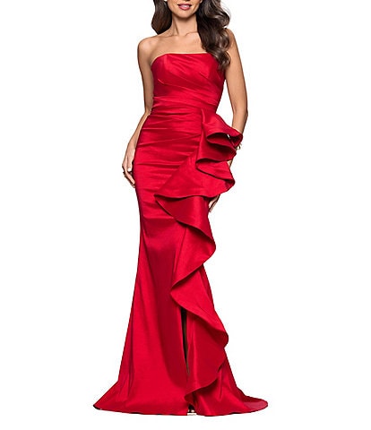 Betsy & Adam Mikado Strapless Gown With Cascading Ruffle