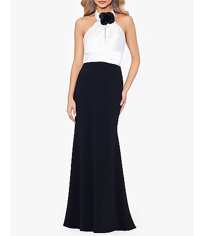 Betsy & Adam Mixed Media Rose Applique Keyhole Front Halter Neck Sleeveless Colorblock A-Line Gown