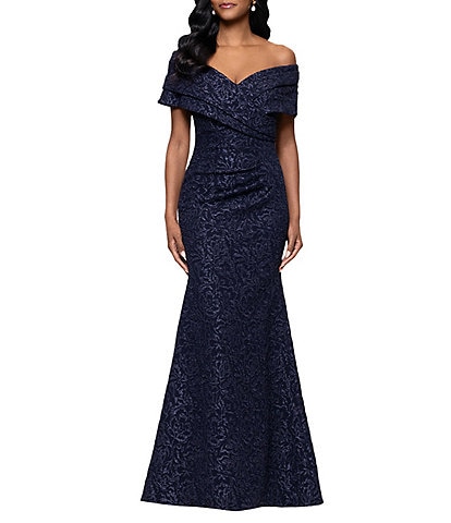 Betsy & Adam Off-The-Shoulder Cap Sleeve Stretch Jacquard Brocade Mermaid Gown