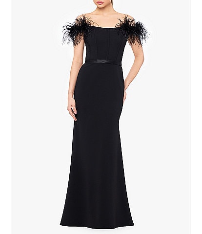 Betsy & Adam Off-The-Shoulder Feather Trim Corset Mermaid Gown