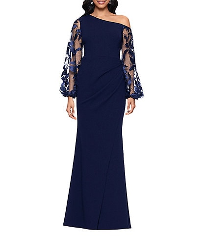 Betsy & Adam One Shoulder Asymmetrical Long Sleeve Faux Wrap Gown