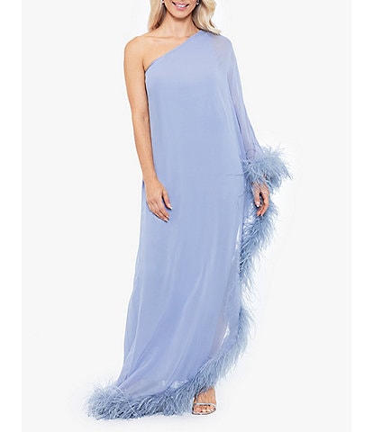 Betsy & Adam One Shoulder One Long Cape Sleeve Gown with Feather Trim