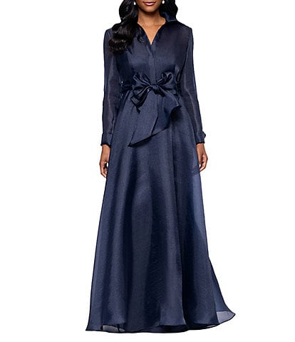 Betsy & Adam Organza Button Down Long Sleeve Gown