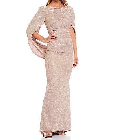 Betsy & Adam Petite Size 3/4 Sleeve Crew Neck Draped Back Glitter Gown