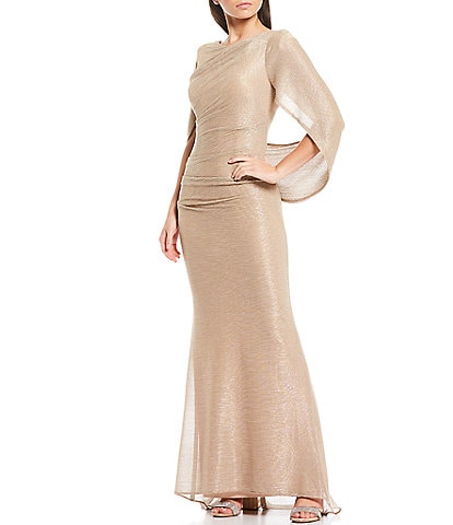 Betsy & Adam Petite Size Draped Back 3/4 Cape Sleeve Round Neck Metallic Crinkled Ruched Sheath Gown