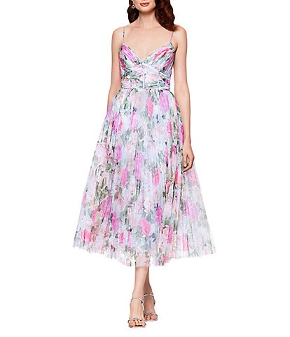 Betsy & Adam Petite Size Floral Print Tulle Pleated Midi Dress