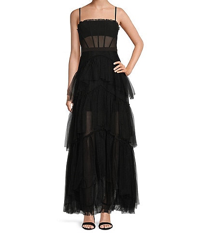Betsy & Adam Petite Size Illusion Tiered Ruffled Tulle Square Neck Mesh Sleeveless Gown