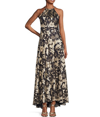 Betsy & Adam Petite Size Metallic Crinkle Sleeveless Halter Neck Foil Floral Print A-Line Gown