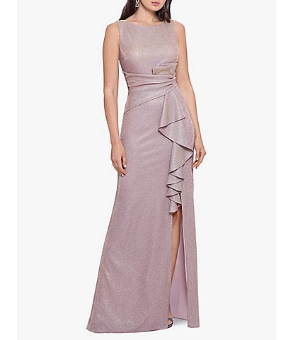 Betsy & Adam Petite Size Metallic Glitter Ruched Waist Sleeveless Boat Neck Ruffle Front Slit A-Line Gown