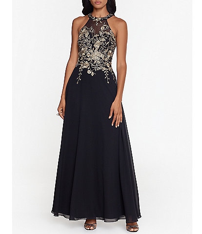 Betsy & Adam Petite Size Sleeveless Halter Embroidered Bodice Chiffon Gown