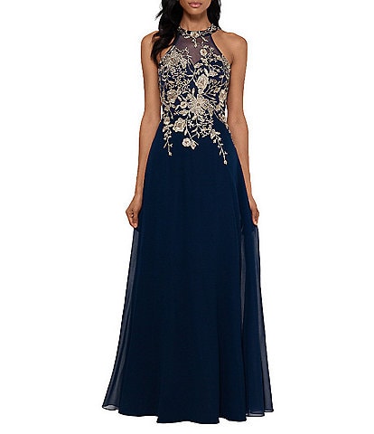 Betsy & Adam Petite Size Sleeveless Halter Embroidered Bodice Chiffon Gown