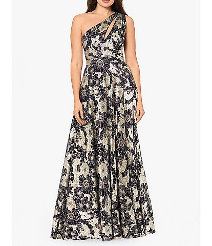 Betsy & Adam Petite Size Sleeveless One Shoulder Floral Print Gown