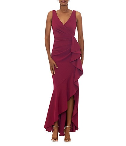 Betsy & Adam Petite Size Sleeveless V-Neck Spiral Ruffle Cascade Gown