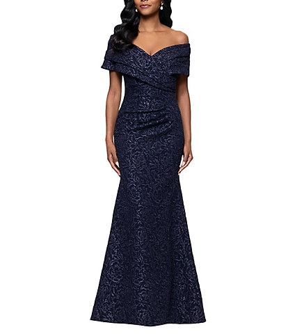 Betsy & Adam Petite Size Stretch Jacquard Off-the-Shoulder Dress