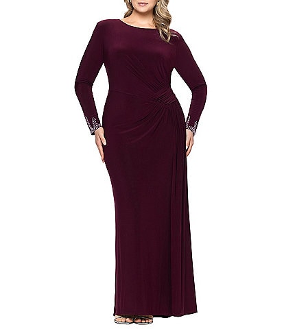 Betsy & Adam Plus Size Boat Neck Embellished Long Sleeve Floor Length Dress