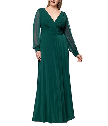 Betsy & Adam Plus Size Chiffon Mesh V-Neck Long Sleeve Gown