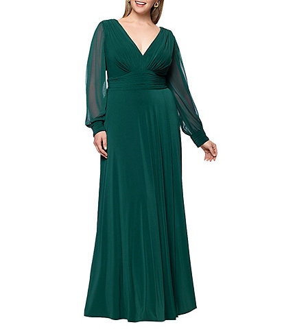 Betsy & Adam Plus Size Chiffon Mesh V-Neck Long Sleeve Gown