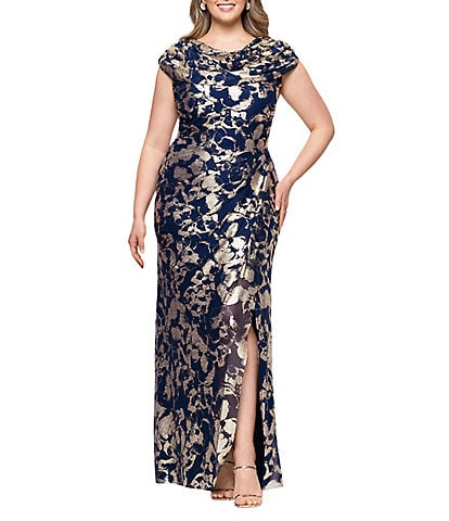 Betsy & Adam Plus Size Cowl Neck Stretch Foil Dress