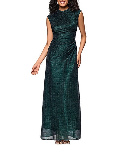 Betsy & Adam Plus Size Crinkle Mock Neck Cap Sleeve Floor Length Dress