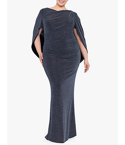 Betsy & Adam Plus Size Draped Back 3/4 Cape Sleeve Round Neck Metallic Knit Ruched Sheath Gown