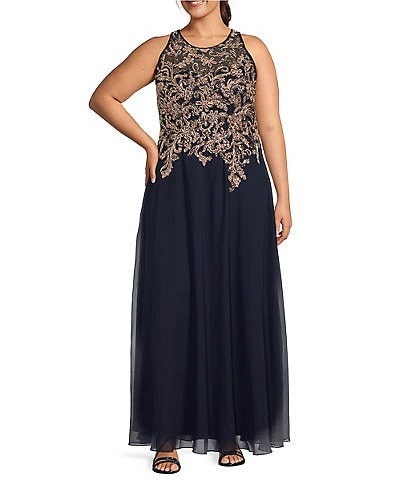 Betsy & Adam Plus Size Halter Neck Sleeveless Beaded A Line Chiffon Gown
