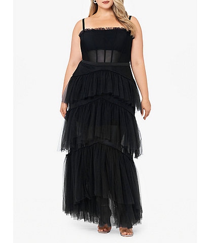 Betsy & Adam Plus Size Illusion Tiered Ruffled Tulle Square Neck Mesh Sleeveless Gown