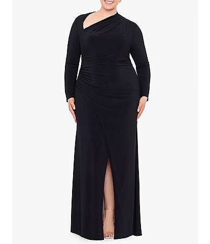 Betsy & Adam Plus Size Long Sleeve Asymmetrical Neck Ruched Waist Side Slit Gown