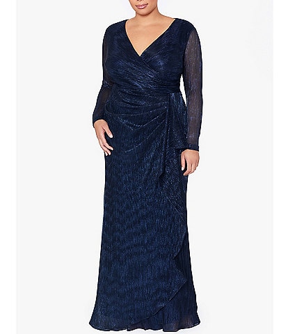 Betsy & Adam Plus Size Long Sleeve Ruched Waist Surplice V-Neck Cascade Ruffle Metallic Crinkle Gown
