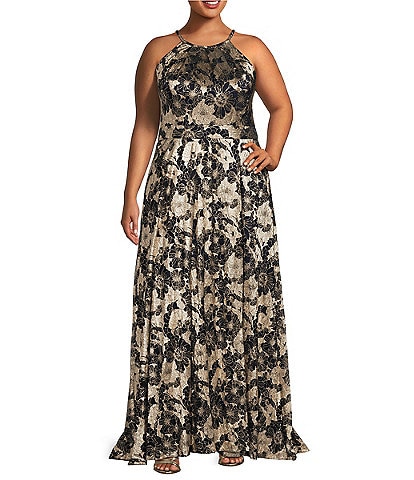 Betsy & Adam Plus Size Metallic Crinkle Sleeveless Halter Neck Foil Floral Print A-Line Gown