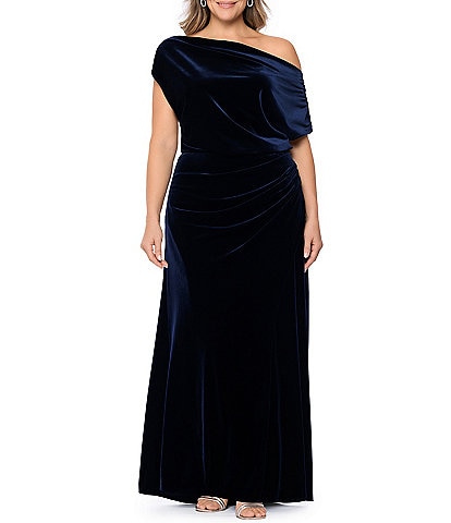 Betsy & Adam Plus Size One Shoulder Draped Neck Ruched Bodice Long Dress