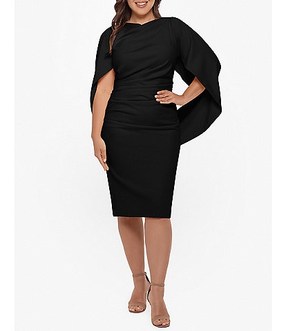 Betsy & Adam Plus Size Round Neck Draped Back 3/4 Sleeve Ruched Front Stretch Sheath Dress