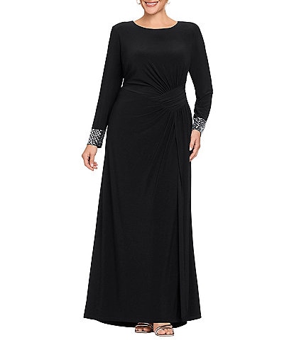 Betsy & Adam Plus Size Ruched Beaded Cuff Long Dress