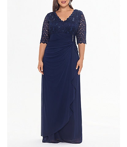 Betsy & Adam Plus Size Sequin Lace V-Neck 3/4 Sleeve Gown