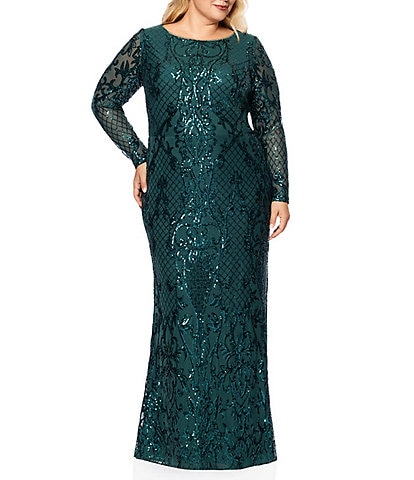 Betsy & Adam Plus Size Sequin Round Neck Long Sleeve Gown