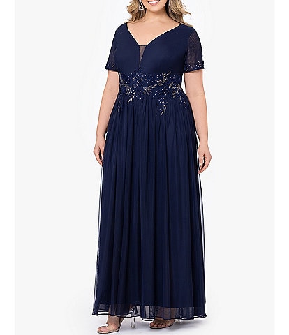 Betsy & Adam Plus Size Short Sleeve V-Neck Embroidered Chiffon Gown
