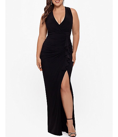 Betsy & Adam Plus Size Sleeveless V-Neck Ruffle Ruched Waist Gown