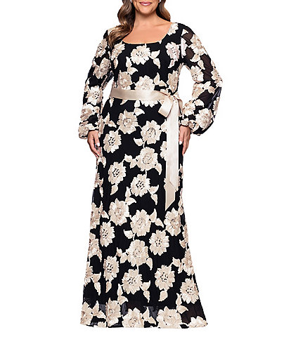Betsy & Adam Plus Size Soutache Floral Print Long Sleeve Ribbon Belt Gown