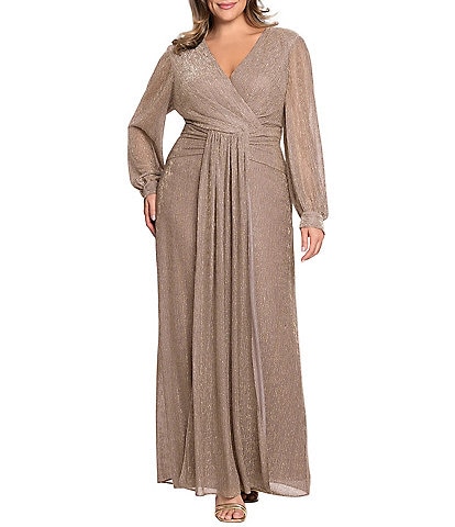 Betsy & Adam Plus Size Surplice Neck Draped Waist Long Sleeve Shimmer Dress