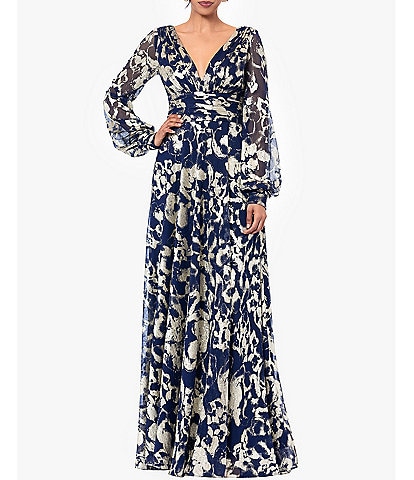 Betsy & Adam Printed Foil Metallic Crinkle Mesh V-Neck Long Illusion Balloon Sleeve Gown