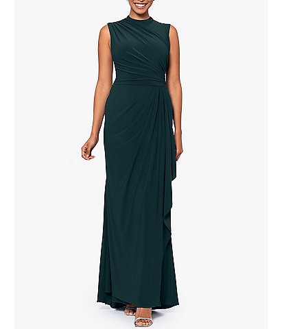 Betsy & Adam Ruched Mock Neck Sleeveless Gathered Pleat Gown