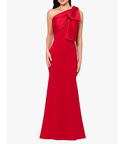 Betsy & Adam Satin Bow One Shoulder Scuba Crepe Sleeveless Mermaid Gown