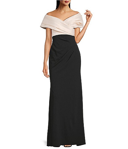 Betsy & Adam Scuba Crepe & Mikado Off-The-Shoulder Pleated Bodice Mermaid Gown