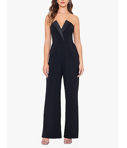 Betsy & Adam Scuba Crepe Fabrication Split Neck Lapel Sleeveless Straight Leg Jumpsuit