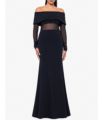 Betsy & Adam Scuba Crepe Off The Shoulder Neck Mesh Long Sleeve Gown