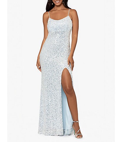 Betsy & Adam Sequin Spaghetti Strap Front Slit Gown