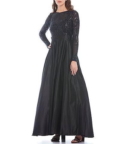 Betsy & Adam Sequined Lace Bodice Long Sleeve Satin Ball Gown