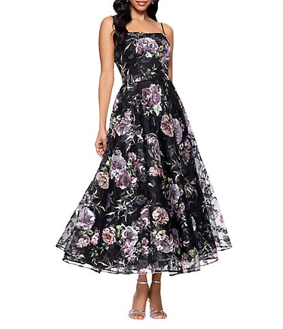 Betsy & Adam Square Neck Floral Print Embroidered Mesh Fit & Flare Midi Dress