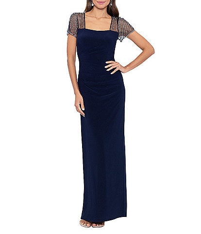 Betsy & Adam Square Neck Short Beaded Sleeve Open Back Gown