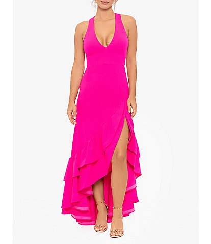 Betsy & Adam Stretch Deep V-Neck Sleeveless Tiered Ruffle Front Slit Gown
